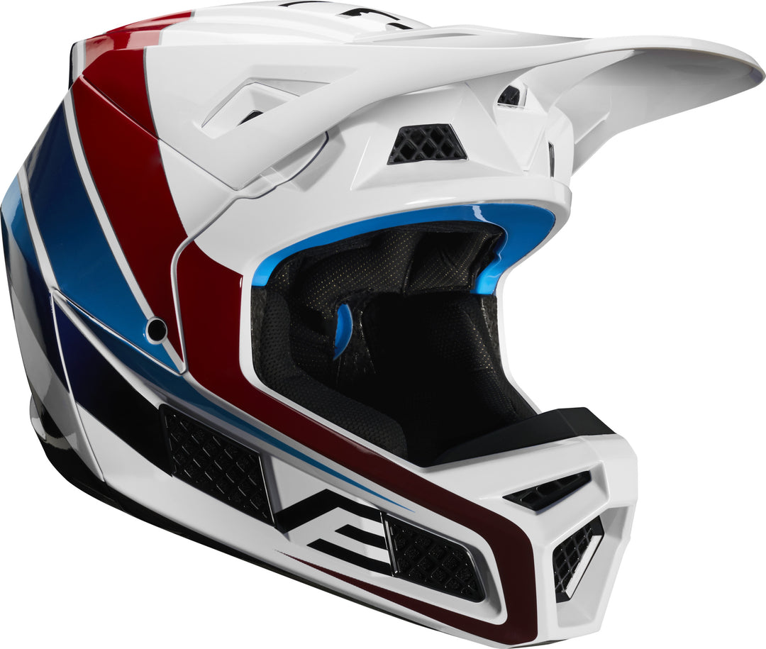 Fox V3 Durven White Red Blue Motocross Helmet