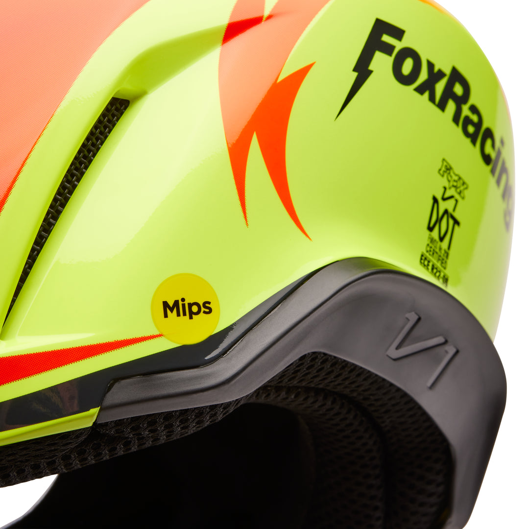 2023 Fox V1 STATK Yellow Red Motocross Helmet